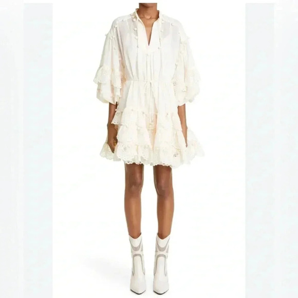 Zimmermann Lyre Lace Trim Embroidered Mini Dress Crochet Balloon Sleeve Cream 3 - Picture 3 of 13